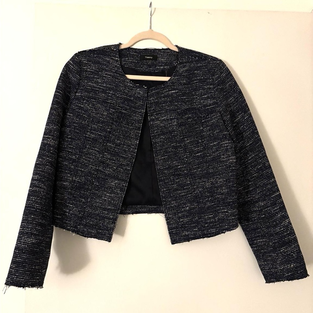 🏙️ Theory Cropped Jacket Navy Textured Open Front Size 8 Medium